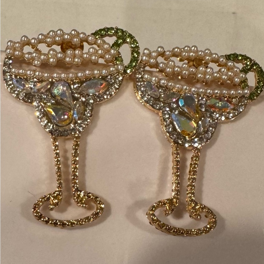 Gold-tone Crystal Margarita Statement Earrings Faux Pearl & Rhinestones NWOT